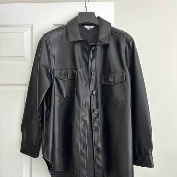Time And Tru Ladies Black Faux Leather Jacket Style Shirt Button - Picture 6 of 6